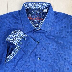 Robert Graham Shirt Men's Small Blue Embroidered Damask Pattern Flip Cuff Luxury